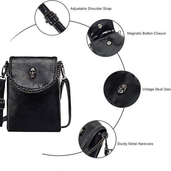 Small Crossbody Cell Phone Purse Gothic Leather Bag Shoulder Travel Purse - Picture 5 of 9